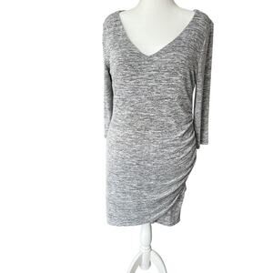 Free Press Heathered Gray Stretch Ruched V-Neck Dress Women's Size L Easy Travel